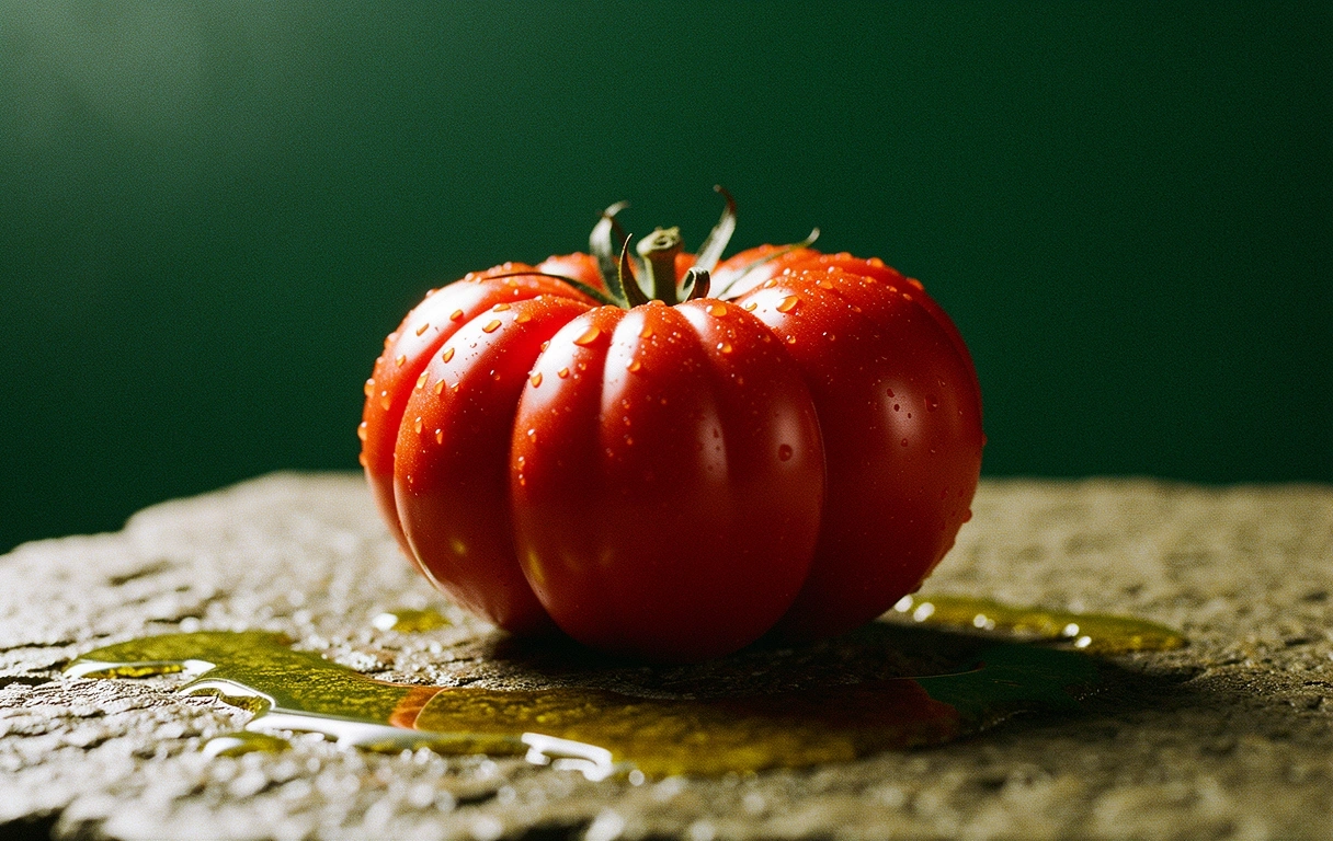 Heirloom tomato on weathered stone