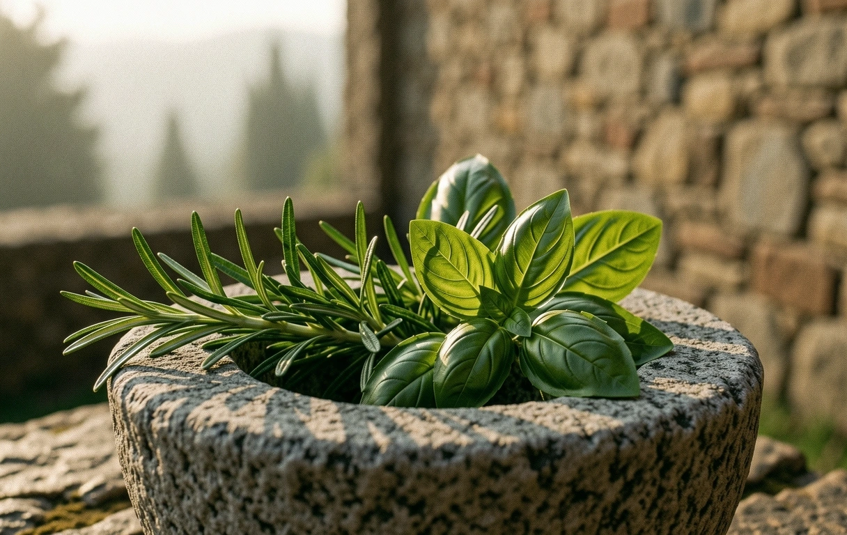 Fresh herbs and stone textures